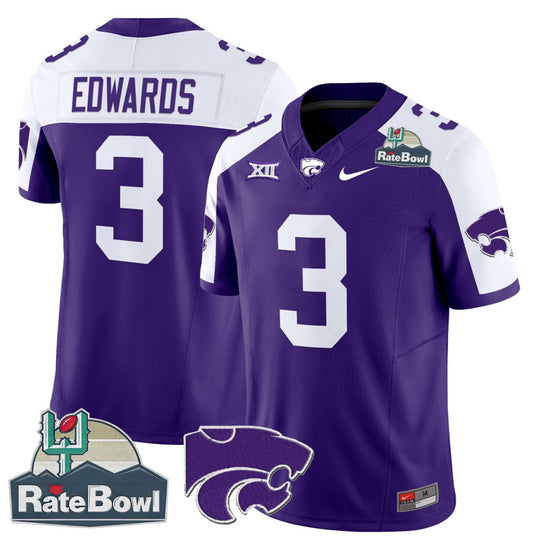Dylan Edwards Jersey #3 Kansas State Wildcats 2025 Rate Bowl Patch Purple Alternate