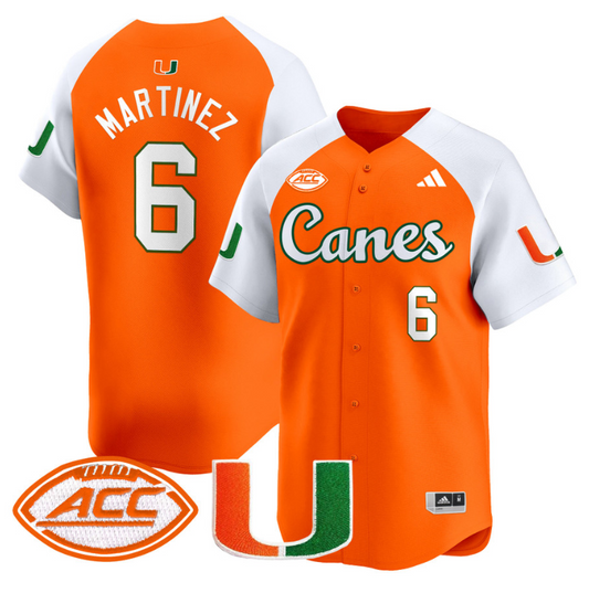 Damien Martinez Jersey #6 Miami Hurricanes 2024 Baseball V2 Orange Alternate