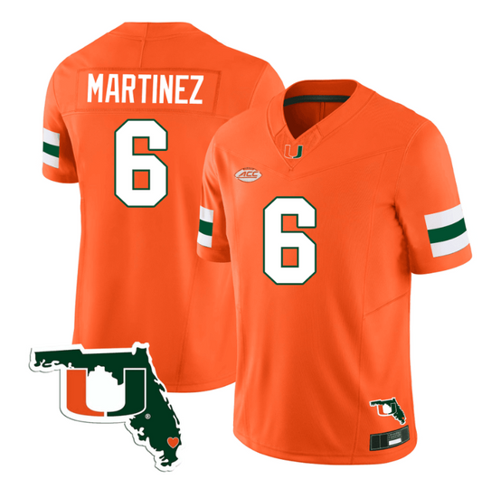 Damien Martinez Jersey #6 Miami Hurricanes Florida Map College Football Stitched Orange