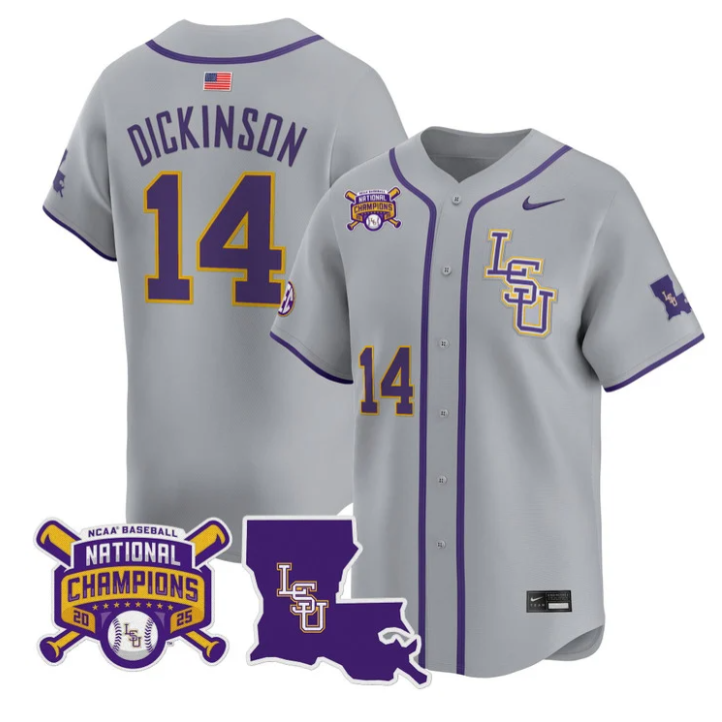 Daniel Dickinson Jersey #14 LSU Tigers 2025 World Series Champions Stitched Gray