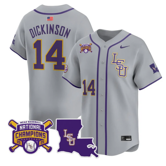 Daniel Dickinson Jersey #14 LSU Tigers 2025 World Series Champions Stitched Gray