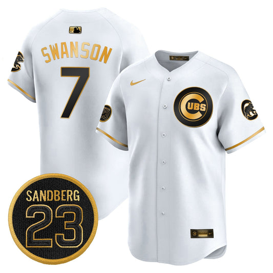 Dansby Swanson Jersey #7 Chicago Cubs Ryne Sandberg Tribute Stitched White Gold