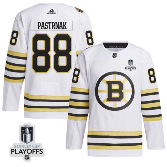 David Pastrnak 88 Boston Bruins 2024 NHL Playoffs Patch Away Jersey - Men, White