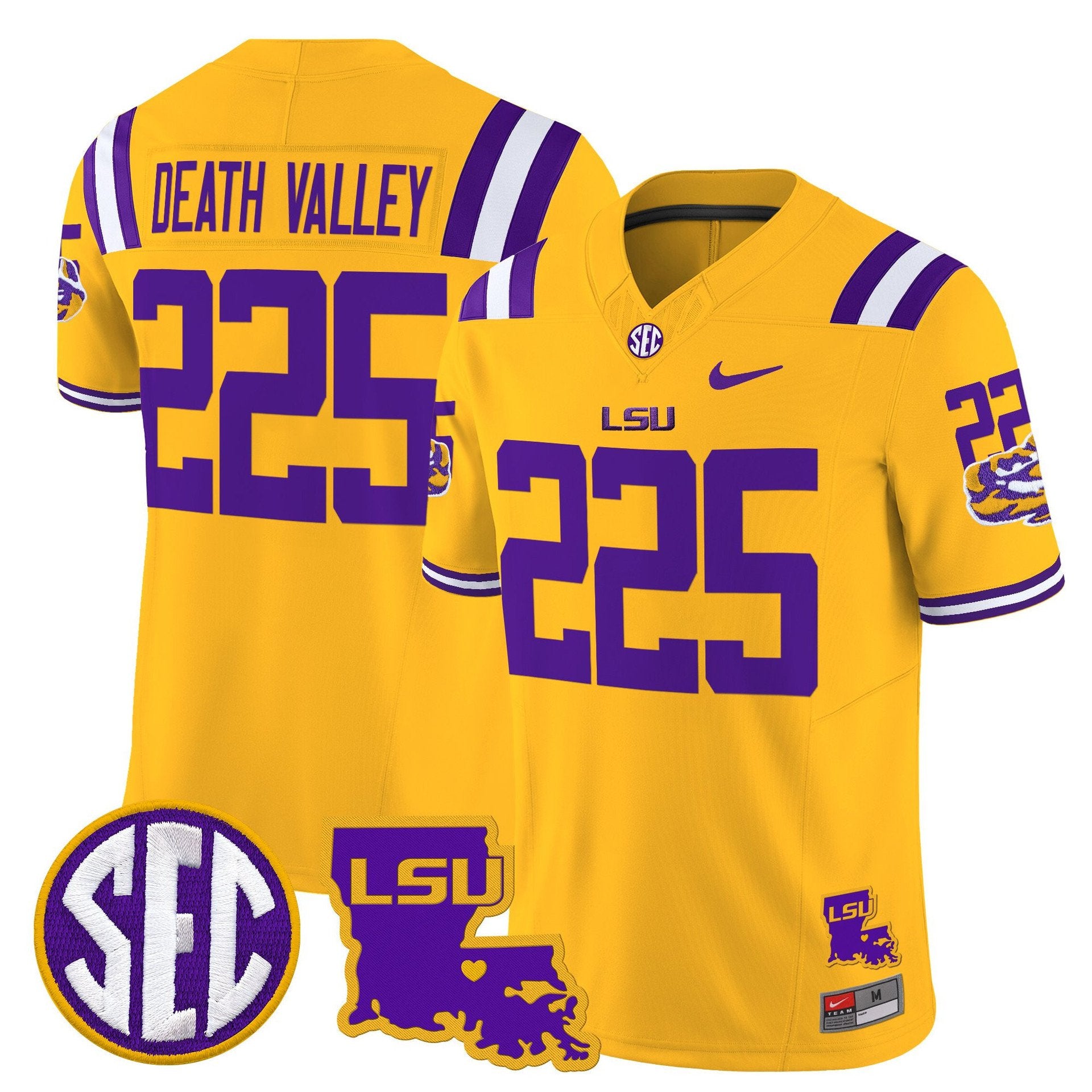 Death Valley Jersey #225 LSU Tigers 2025 Louisiana Patch Stitched Gold