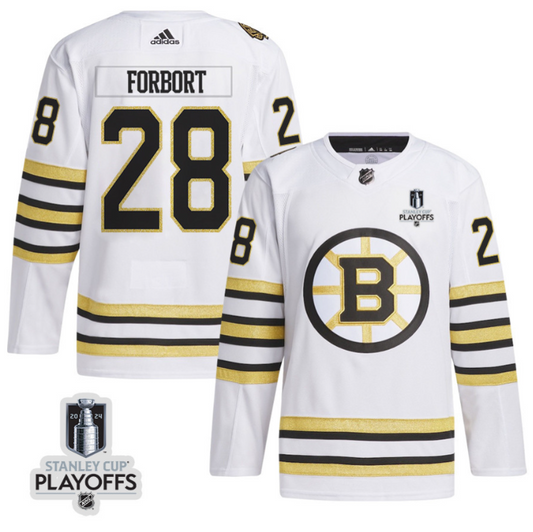 Derek Forbort 28 Boston Bruins 2024 NHL Playoffs Patch Away Jersey - Men, White