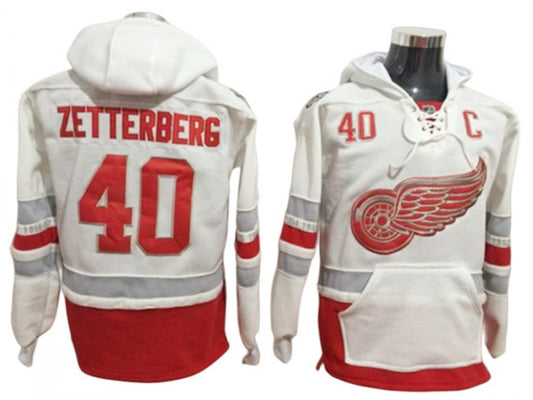 Detroit Red Wings #40 Henrik Zetterberg One Front Pocket Pullover Hoodie White