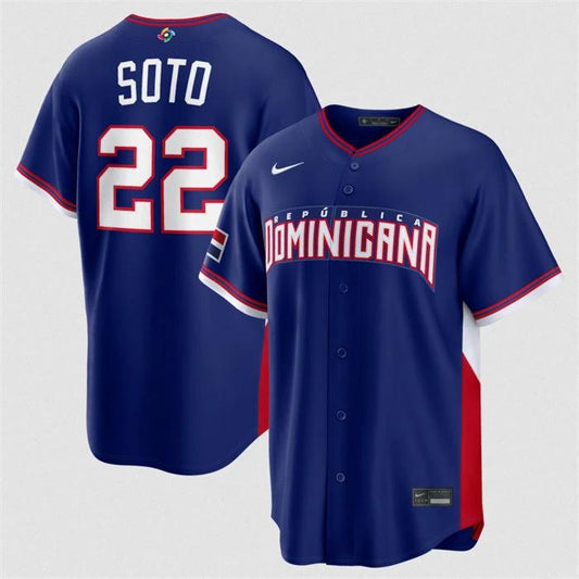 Dominican Republic Baseball #22 Juan Soto Jersey Navy 2026 World Baseball Classic Road Stadium Stitched