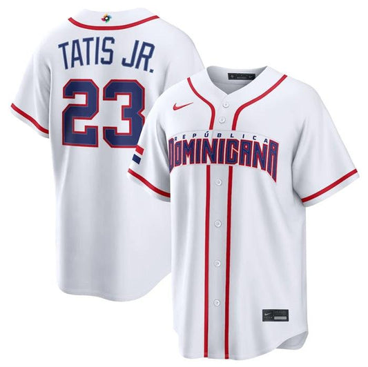 Dominican Republic Baseball #23 Fernando Tatis Jr. Jersey White 2026 World Baseball Classic Home Stadium Stitched