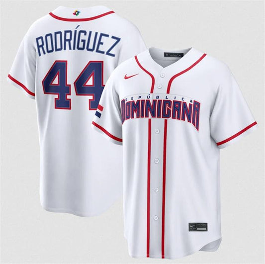 Dominican Republic Baseball #44 Julio Rodríguez Jersey White 2026 World Baseball Classic Home Stadium Stitched