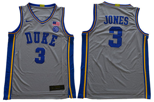Duke Blue Devils #3 Jones Basketball NCAA Basketball Jersey Grey