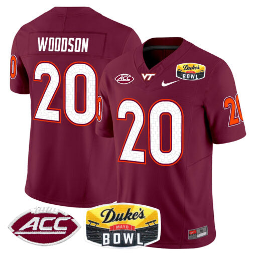 Caleb Woodson Jersey #20 Virginia Tech Hokies 2025 Duke’s Mayo Bowl Patch Maroon