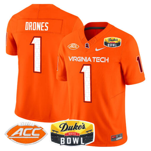 Kyron Drones Jersey #1 Virginia Tech Hokies 2025 Duke’s Mayo Bowl Patch Orange