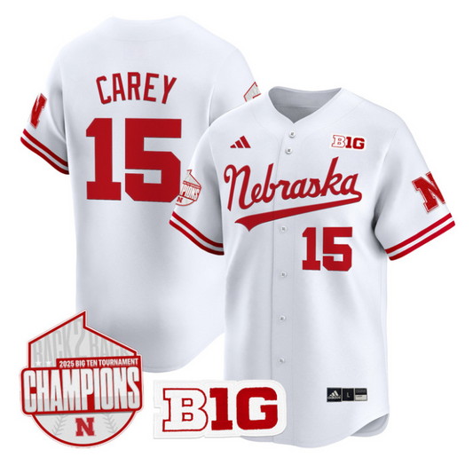 Dylan Carey Jersey #15 Nebraska Huskers Back 2 Back Champions Patch Vapor Limited Stitched White