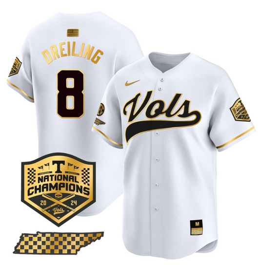 Dylan Dreiling Jersey #8 Tennessee Vols 2024 Champions Stitched White Gold