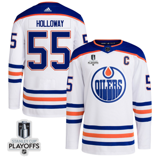 Dylan Holloway 55 Edmonton Oilers 2024 NHL Playoffs Patch Away Jersey - Men, White