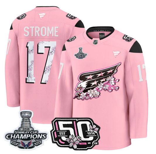 Dylan Strome Jersey #17 Washington Capitals 50th 2018 Stanley Cup Champions Patch Cherry Blossom