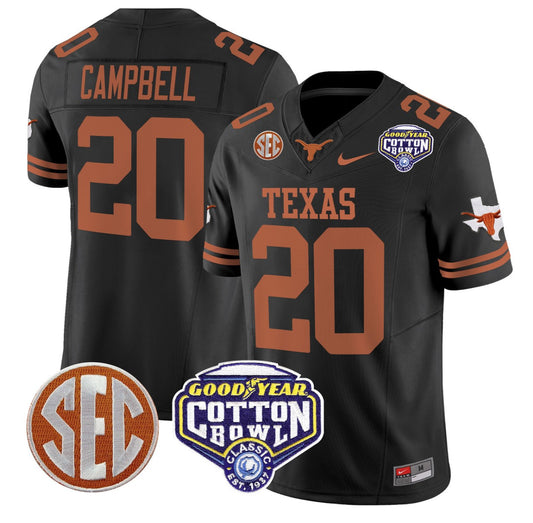 Earl Campbell Jersey #20 Texas Longhorns Cotton Bowl Patch Stitched Black