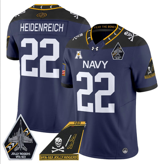 Eli Heidenreich Jersey #22 Navy Midshipmen 2024 Jolly Rogers Patch Navy