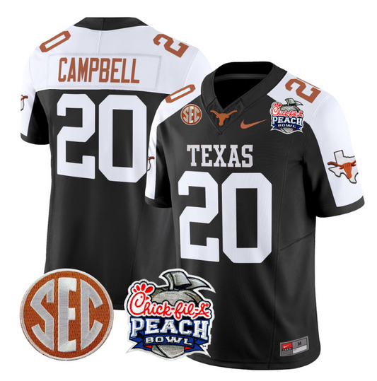 Earl Campbell Jersey #20 Texas Longhorns Peach Bowl Patch Vapor Black Alternate