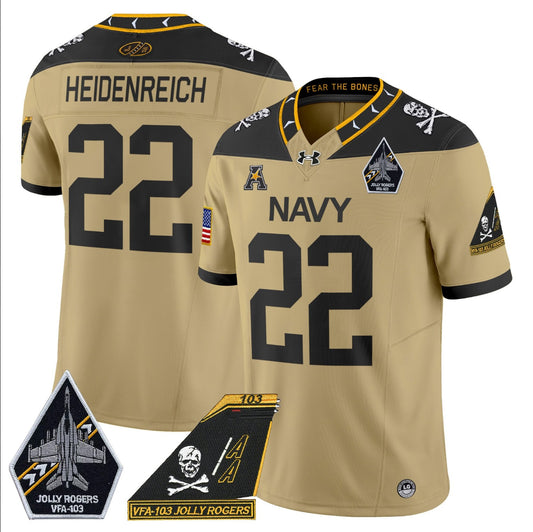 Eli Heidenreich Jersey #22 Navy Midshipmen 2024 Jolly Rogers Patch Gold