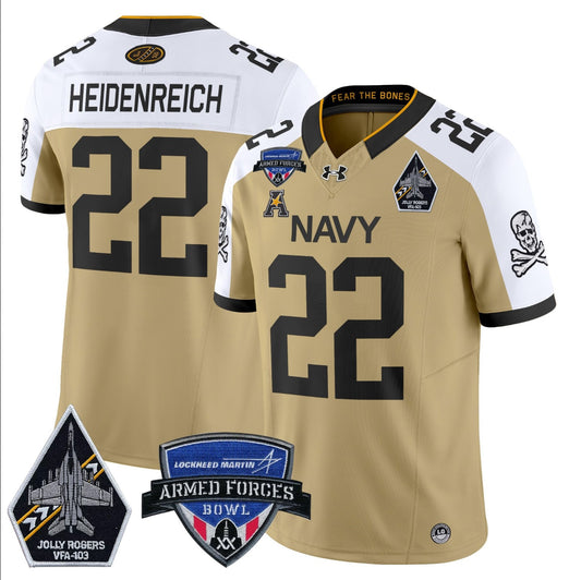 Eli Heidenreich Jersey #22 Navy Midshipmen 2025 Armed Forces Bowl Patch Gold Alternate