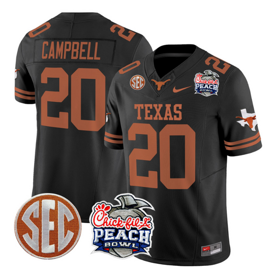 Earl Campbell Jersey #20 Texas Longhorns Peach Bowl Patch Vapor Black