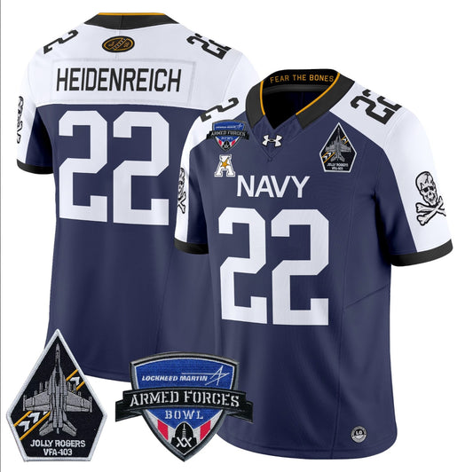 Eli Heidenreich Jersey #22 Navy Midshipmen 2025 Armed Forces Bowl Patch Navy Alternate
