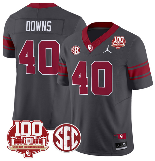 Ethan Downs Jersey #40 Oklahoma Sooners 100th Anniversary Patch Vapor Limited College Football Stitched Anthracite