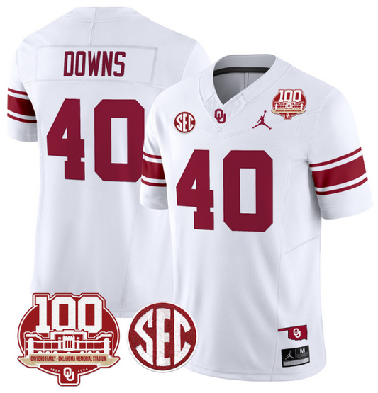 Ethan Downs Jersey #40 Oklahoma Sooners 100th Anniversary Patch Vapor Limited College Football Stitched White