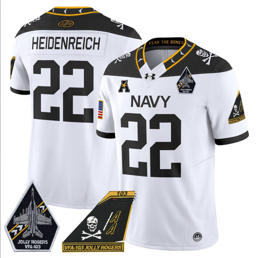 Eli Heidenreich Jersey #22 Navy Midshipmen 2024 Jolly Rogers Patch White