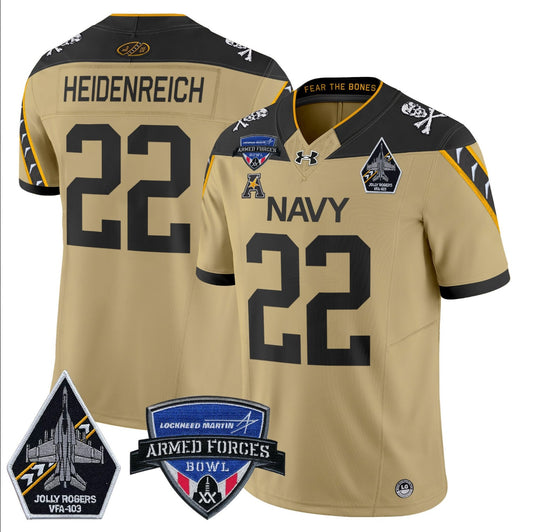 Eli Heidenreich Jersey #22 Navy Midshipmen 2025 Armed Forces Bowl Patch Gold