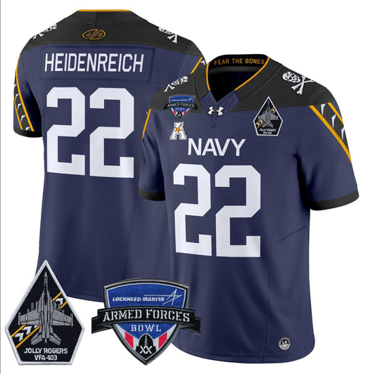 Eli Heidenreich Jersey #22 Navy Midshipmen 2025 Armed Forces Bowl Patch Navy