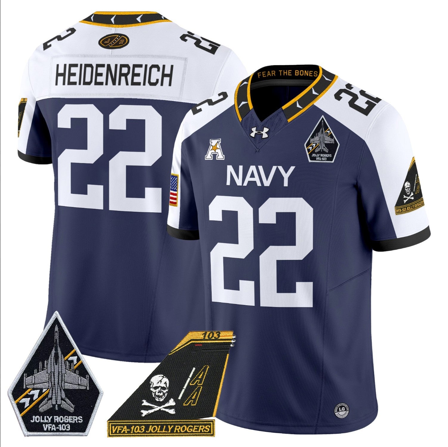 Eli Heidenreich Jersey #22 Navy Midshipmen 2024 Jolly Rogers Patch Navy Alternate