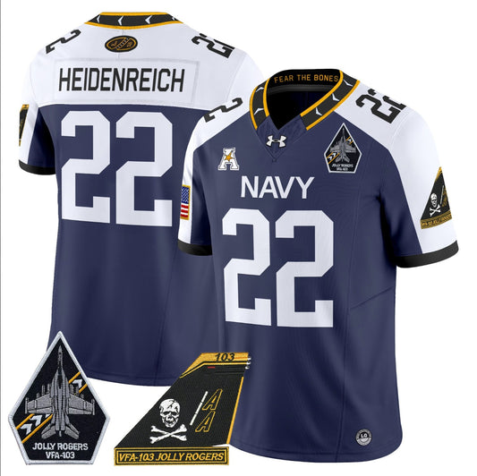 Eli Heidenreich Jersey #22 Navy Midshipmen 2024 Jolly Rogers Patch Navy Alternate