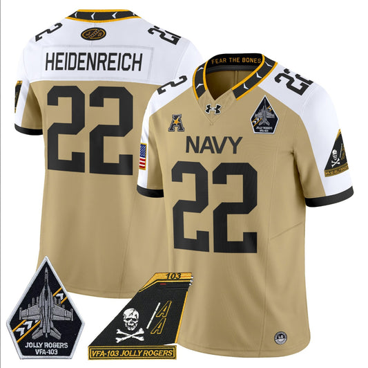 Eli Heidenreich Jersey #22 Navy Midshipmen 2024 Jolly Rogers Patch Gold Alternate