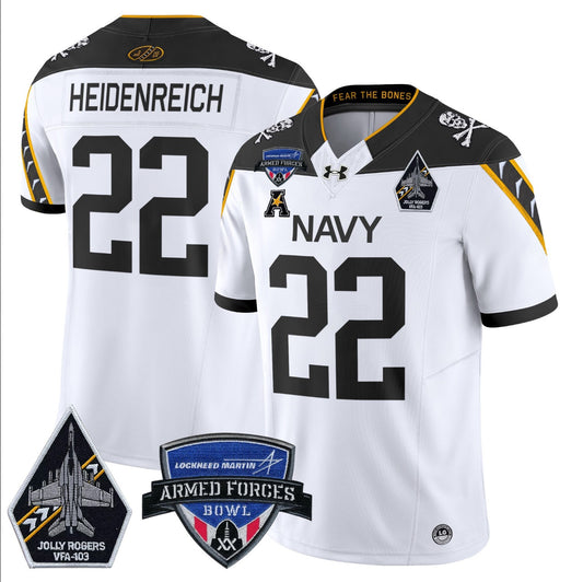 Eli Heidenreich Jersey #22 Navy Midshipmen 2025 Armed Forces Bowl Patch White