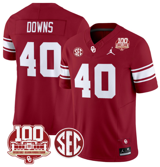 Ethan Downs Jersey #40 Oklahoma Sooners 100th Anniversary Patch Vapor Limited College Football Stitched Crimson