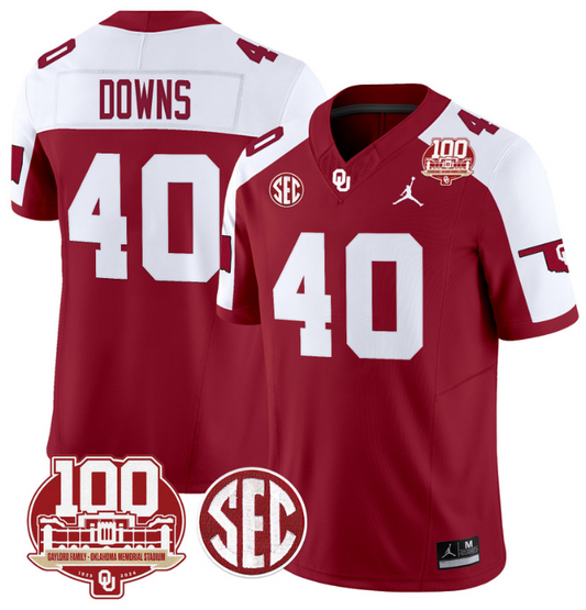 Ethan Downs Jersey #40 Oklahoma Sooners 100th Anniversary Patch Vapor Limited College Football Stitched Crimson Alternate