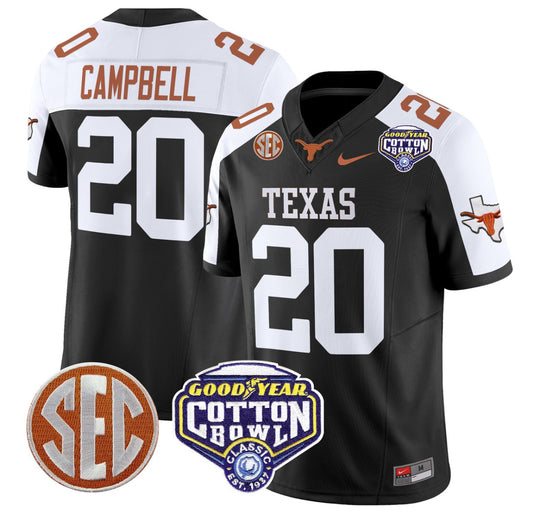 Earl Campbell Jersey #20 Texas Longhorns Cotton Bowl Patch Black Alternate