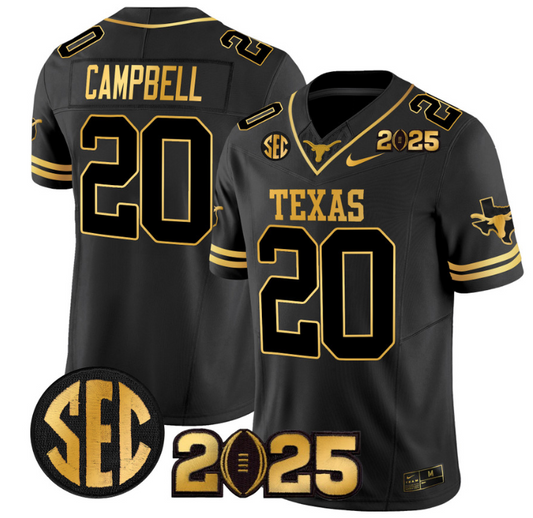 Earl Campbell Jersey #20 Texas Longhorns 2025 CFP Final Patch Black Gold