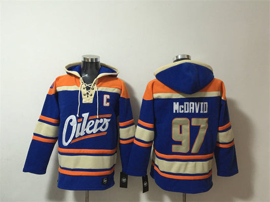 Edmonton Oilers #97 Connor McDavid Blue Lace-Up Pullover Hoodie