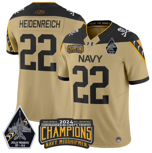 Eli Heidenreich Jersey #22 Navy Midshipmen 2024 Jolly Rogers Champions Gold