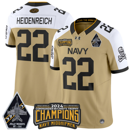 Eli Heidenreich Jersey #22 Navy Midshipmen 2024 Jolly Rogers Champions Gold White