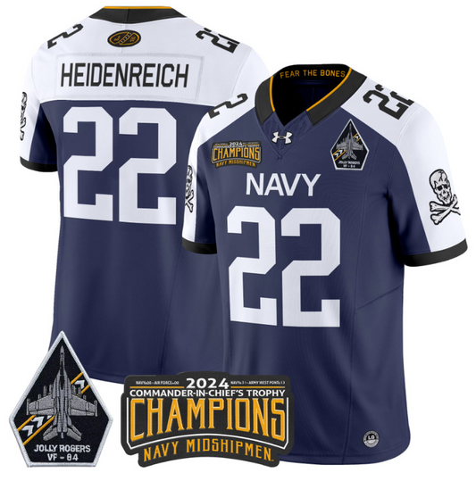 Eli Heidenreich Jersey #22 Navy Midshipmen 2024 Jolly Rogers Champions Navy White