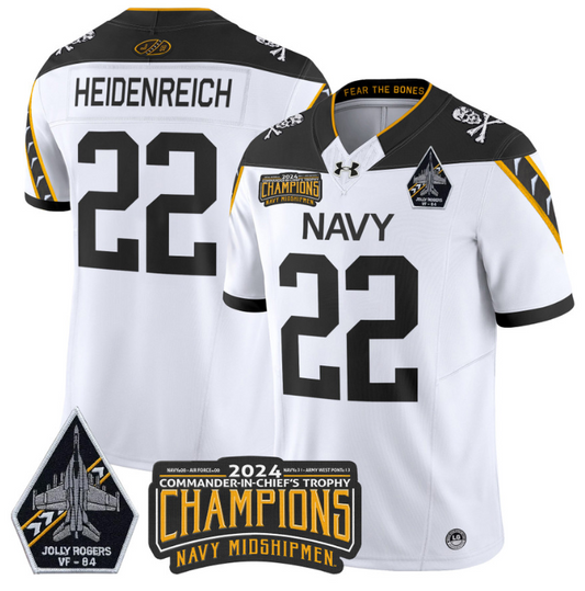 Eli Heidenreich Jersey #22 Navy Midshipmen 2024 Jolly Rogers Champions White