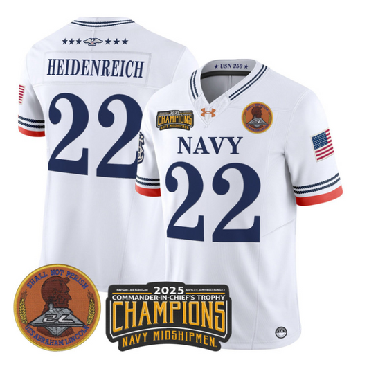 Eli Heidenreich Jersey #22 Navy Midshipmen 2025 Trophy Champions Stitched White