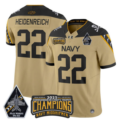 Eli Heidenreich Jersey #22 Navy Midshipmen Jolly Rogers 2025 Trophy Gold