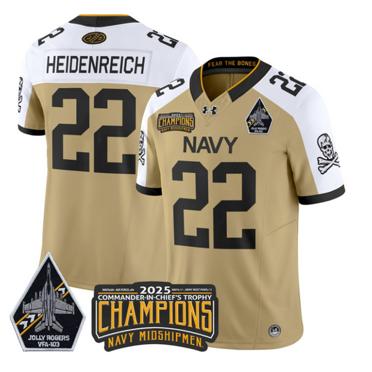 Eli Heidenreich Jersey #22 Navy Midshipmen Jolly Rogers 2025 Trophy Gold Alternate