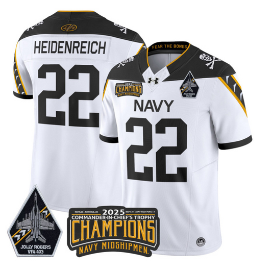 Eli Heidenreich Jersey #22 Navy Midshipmen Jolly Rogers 2025 Trophy White