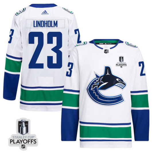 Elias Lindholm 23 Vancouver Canucks 2024 NHL Playoffs Patch Away Jersey - Men, White